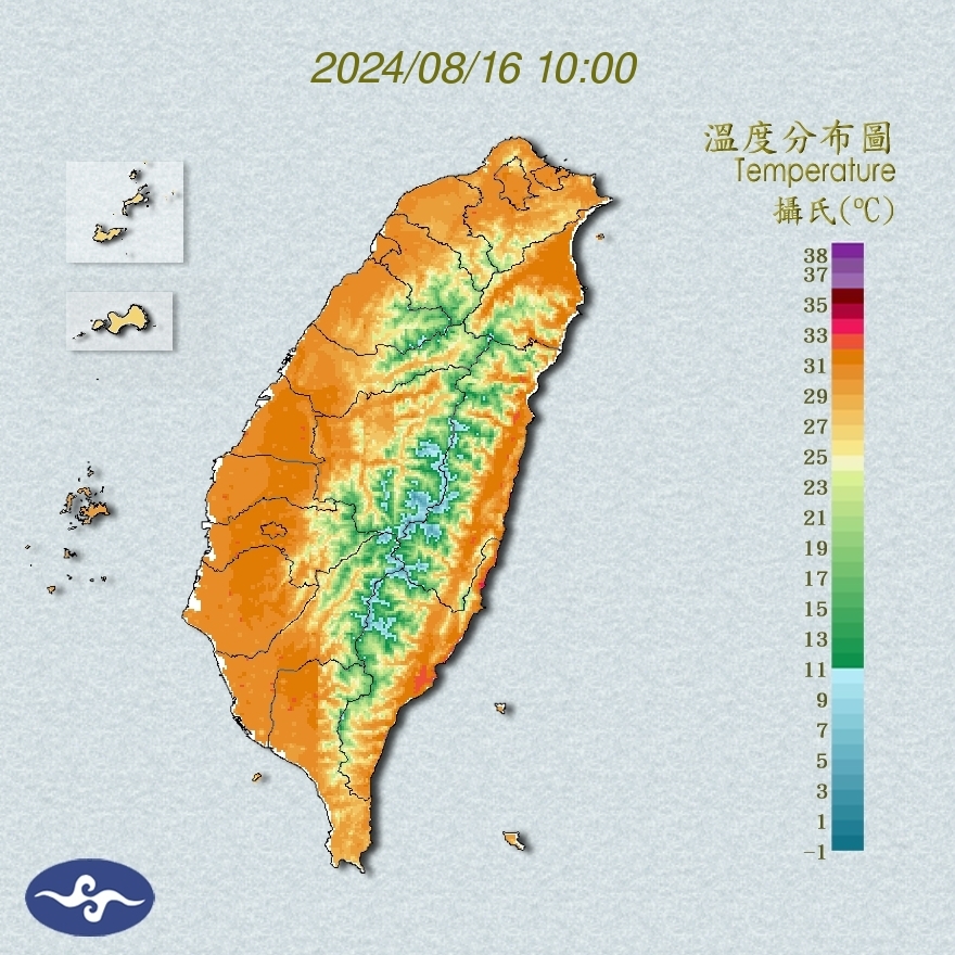 今(16)日全台各地約30-34度,仍是悶熱。(圖/氣象署提供)