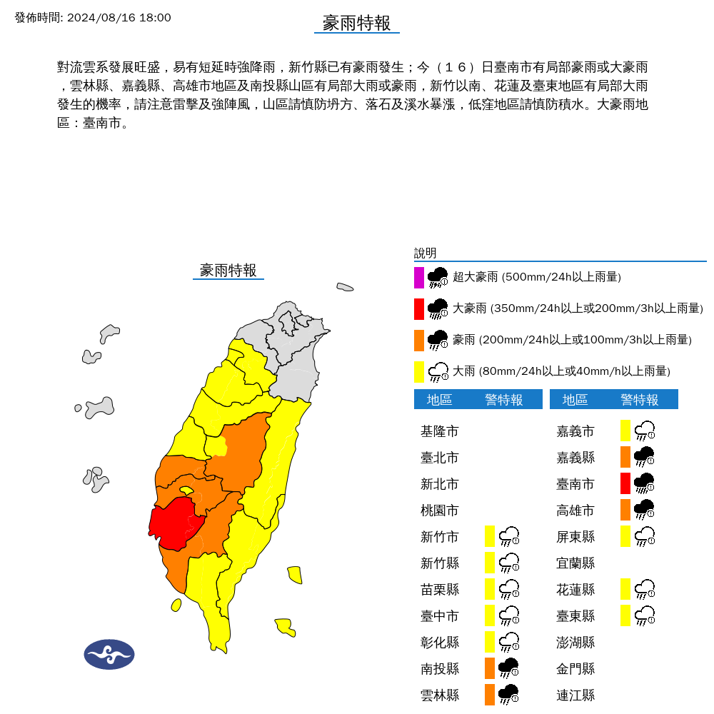 中央氣象署傍晚發布豪大雨特報。（圖／中央氣象署）