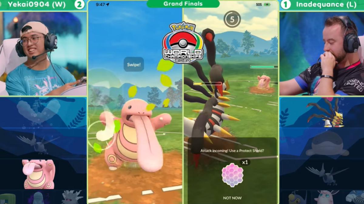 「大舌頭」擊敗「騎拉帝納」象徵鄭業楷的勝利。（圖／翻攝自「The Official Pokémon YouTube channel」 YouTube）