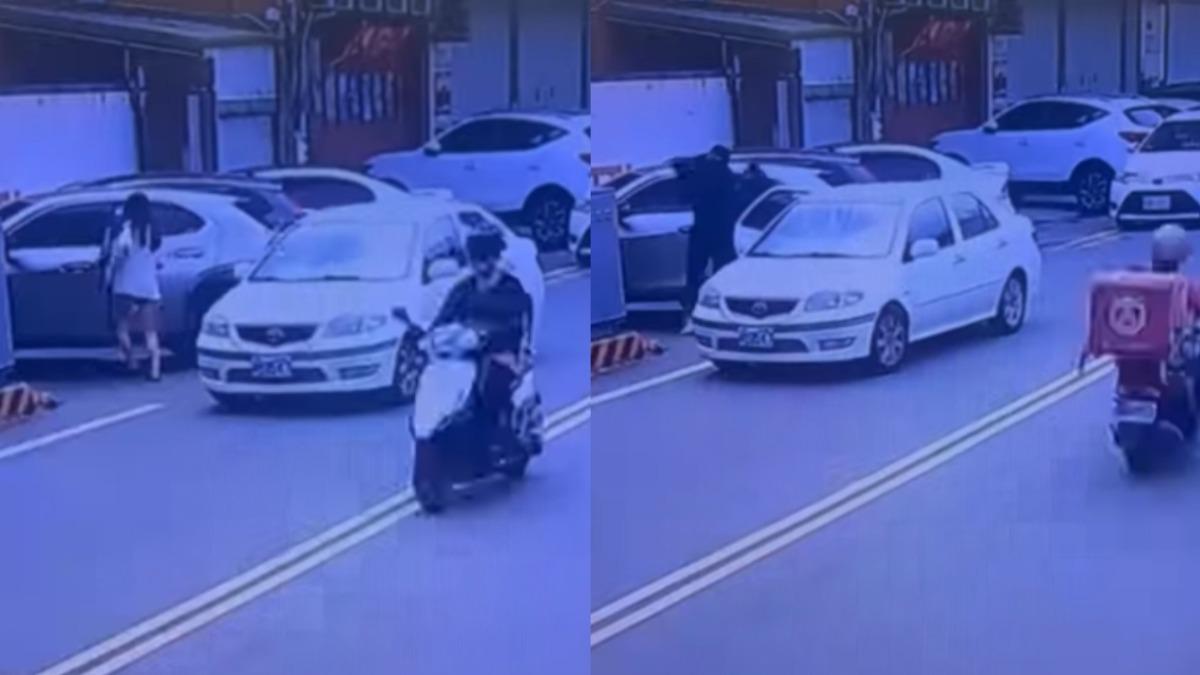 林女開車門後,就被2名黑衣男押上車強行帶走。(圖/翻攝自臉書「苗栗大小事」)