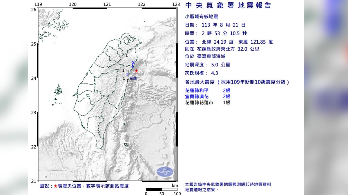 震度部分,花蓮縣和平、秀林等地區最大震度達2級。(圖/翻攝自中央氣象署)