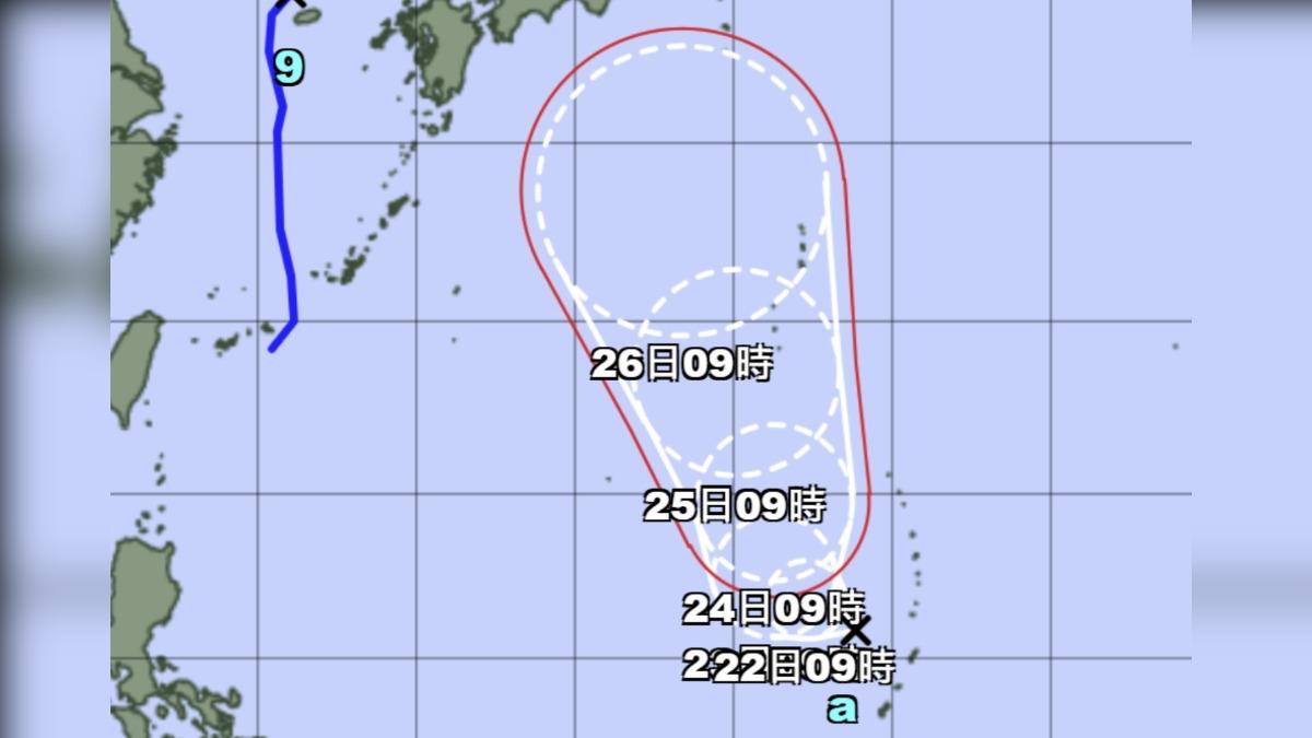 熱帶低壓生成(標示a處)恐增強為10號颱「珊珊」。(圖/翻攝日本氣象廳)