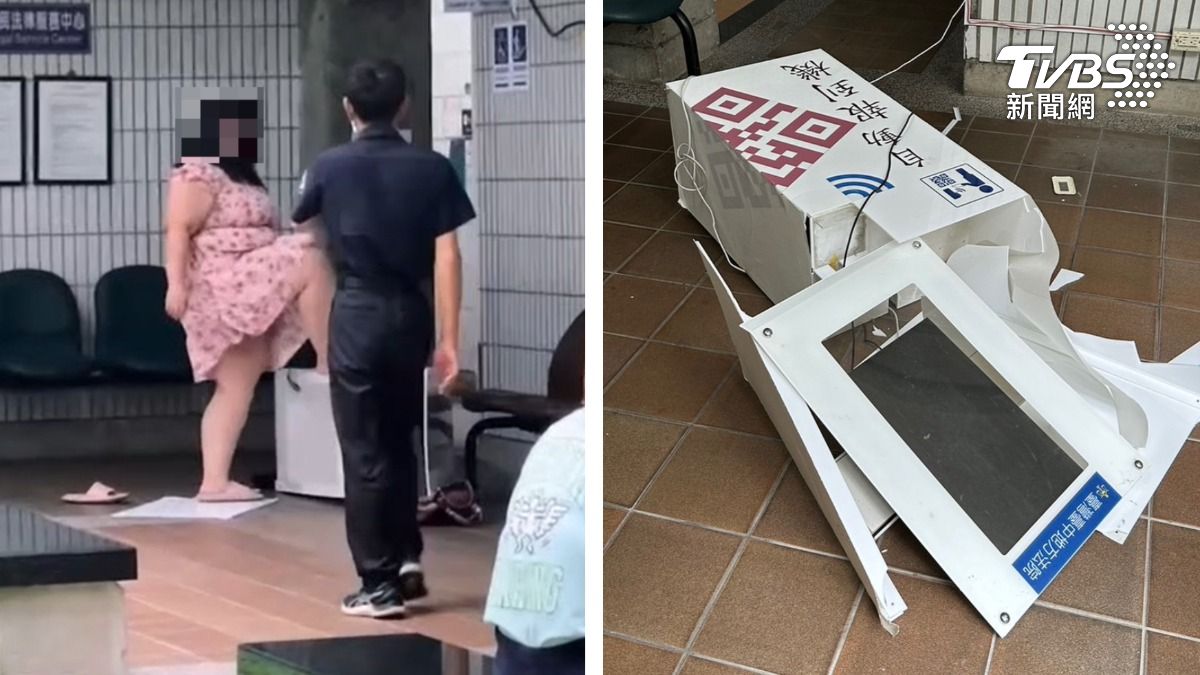 幫機台默哀!台中女打爆法院報到機 「零件噴飛倒地」狂補踹