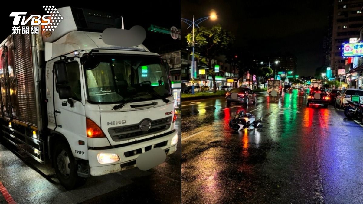 機車輾過馬路坑洞摔車,後座女乘客慘被貨車輾斃。(圖/TVBS)