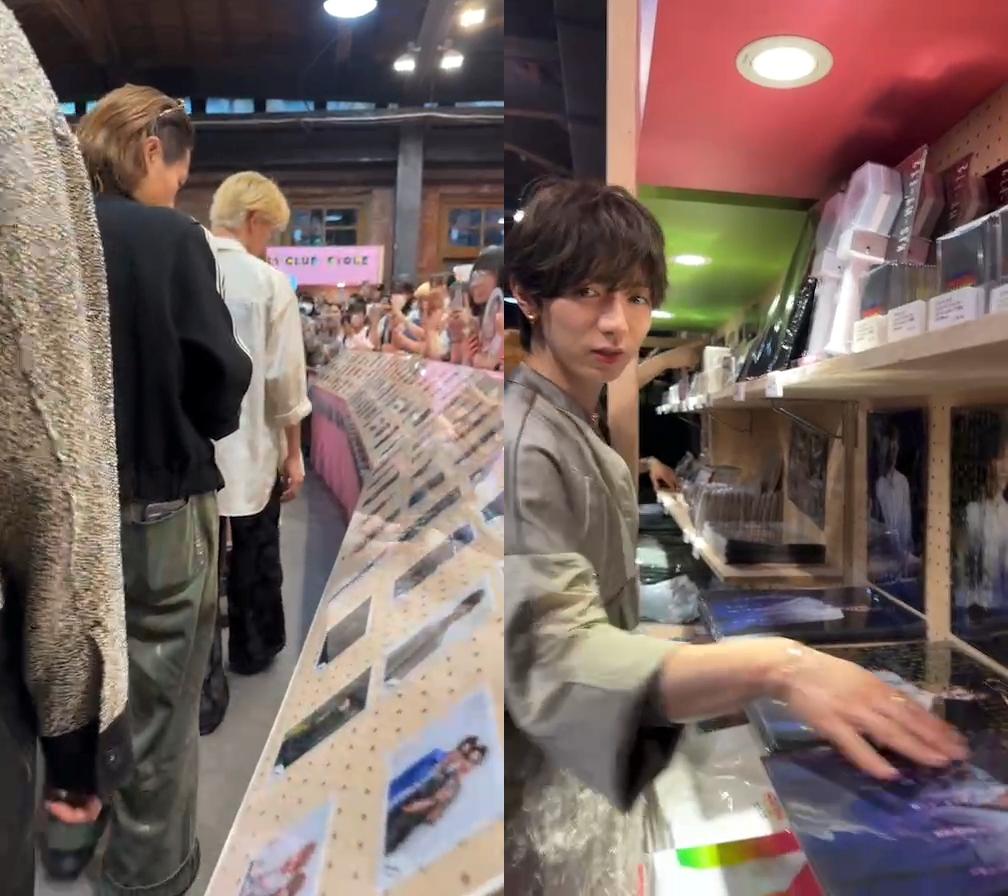 Travis Japan認真逛店,七五三掛龍也(右)還順便整理檯面。(圖/翻攝自merch__market IG)