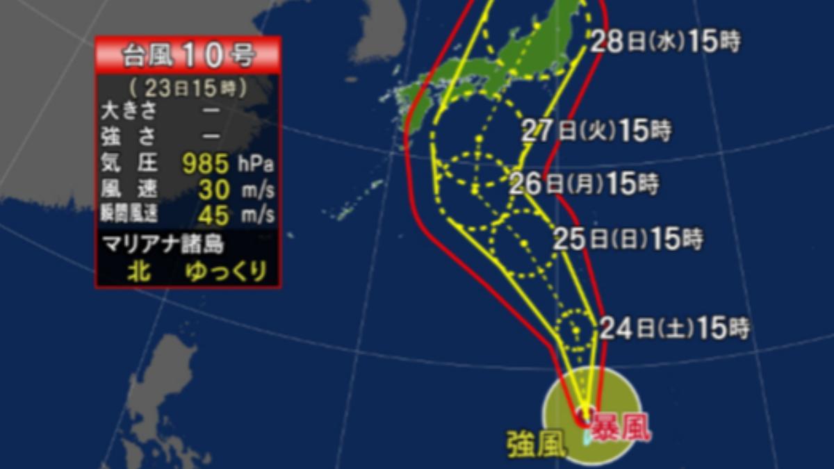 旅日留意,第10號颱風「珊珊」路徑直衝日本前進(圖/翻攝自NHK)
