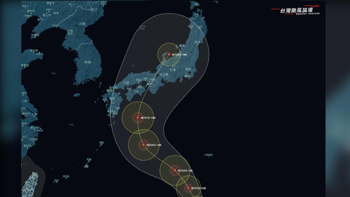 中颱「珊珊」預計在下週二、三(27、28日)侵襲、貫穿日本。(圖/翻攝自「台灣颱風論壇|天氣特急」臉書)