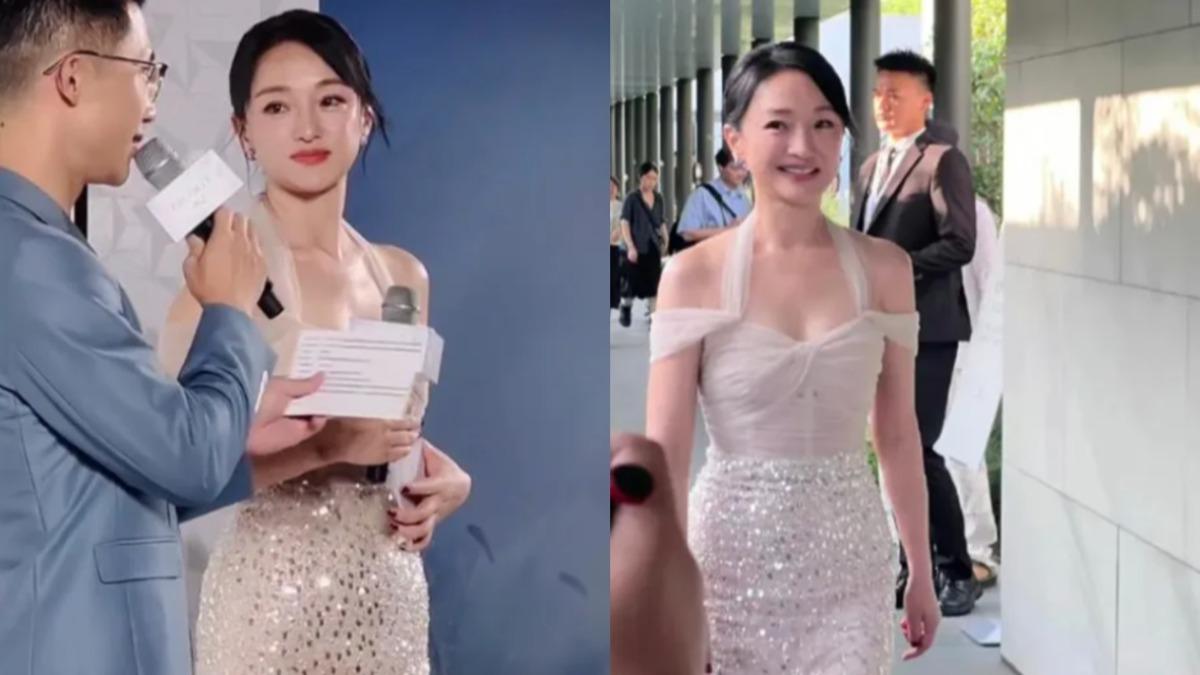 周迅以一席香檳色長禮服出席品牌活動,美到上熱搜。(圖/翻攝自微博)