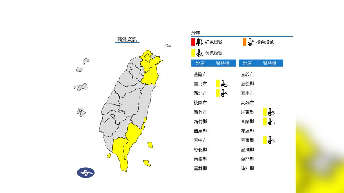 雙北、屏東、宜蘭及台東今天仍有高溫黃色燈號。（圖／翻攝自中央氣象署官網）
