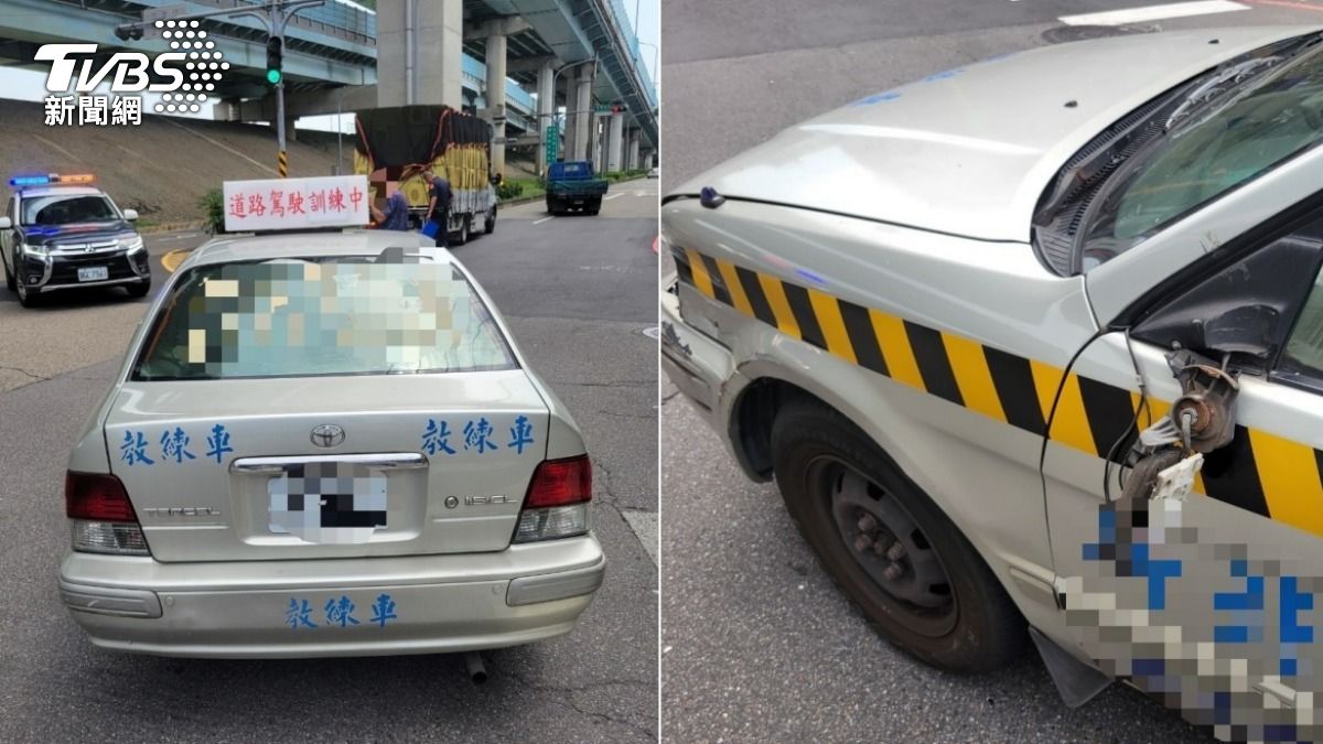 駕訓班的小轎車被小貨車擦撞，後照鏡當場被撞斷。（圖／TVBS）