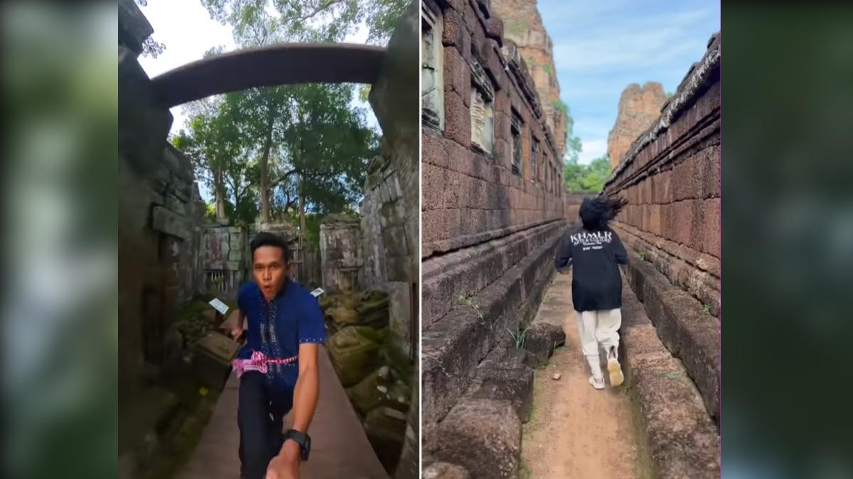 網紅吳哥窟內重現《神廟逃亡》(Temple Run)。(圖/翻攝自 Tiktok)