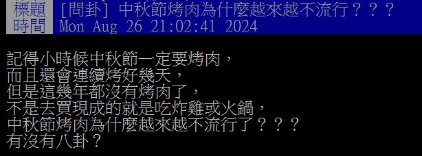 原PO好奇中秋烤肉為何越來越不流行？（圖／翻攝自PTT）
