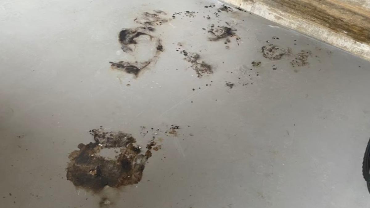死者在家門口地板上留下燒焦的痕跡。（圖／翻攝自8視界）