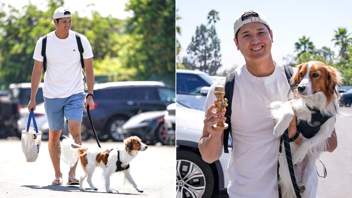 大谷本人29日特別帶著愛犬Decoy現身。(圖/翻攝自X@Dodgers)