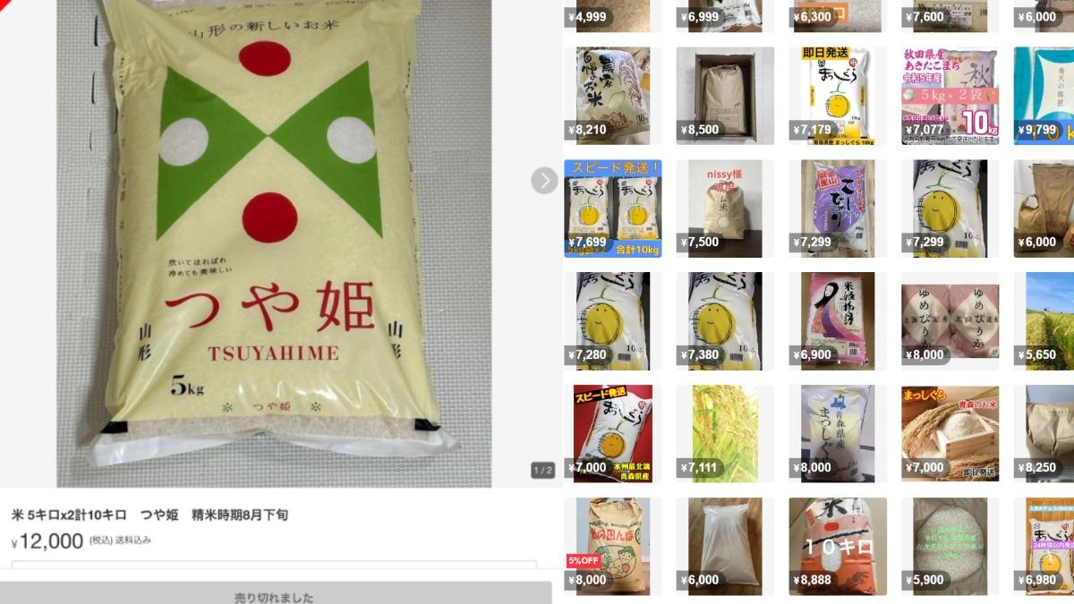 越來越多賣家在日本電商平台賣米。（圖／翻攝自mercari、X@lIlIllIlIlllIl）