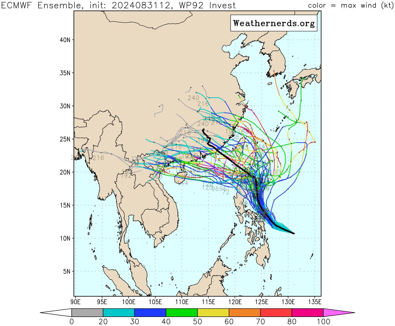 根據最新歐洲系集模式顯示，颱風魔羯將撲台。（圖／翻攝weathernerds）