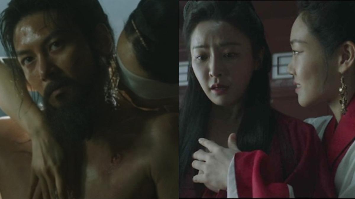 半裸女子調情治療受傷的池昌旭（左圖）；鄭柔美上演女女場床戲（右圖）。（圖／翻攝TVING）