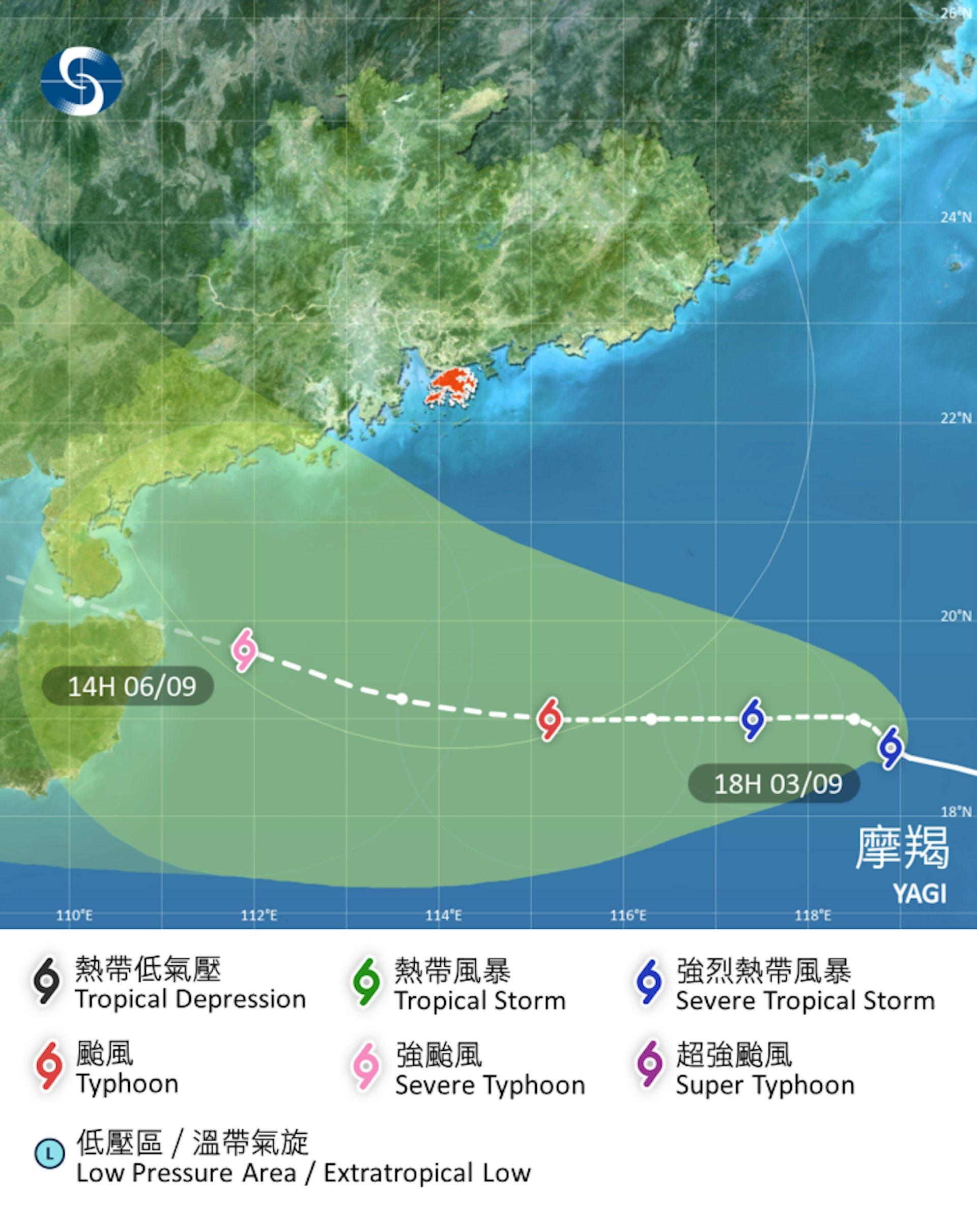 摩羯週五（6日）下午2時正已增強成強颱風。（圖／翻攝自香港天文台網站）