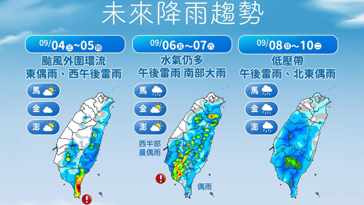 未來幾天受到颱風外圍環流加上午後熱對流影響，各地都有降雨機率。（圖／TVBS）
