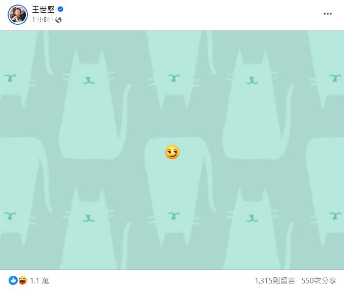 王世堅在臉書發出一個單邊嘴角上揚的表情符號。(圖/翻攝自臉書)