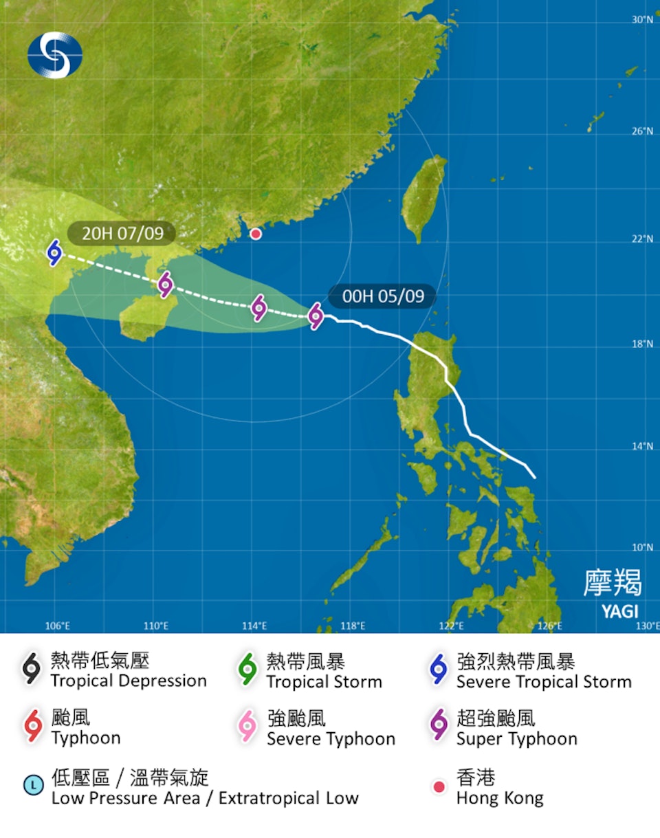 今日凌晨0時已到香港東南方430公里處。(圖/翻攝自香港天文台)