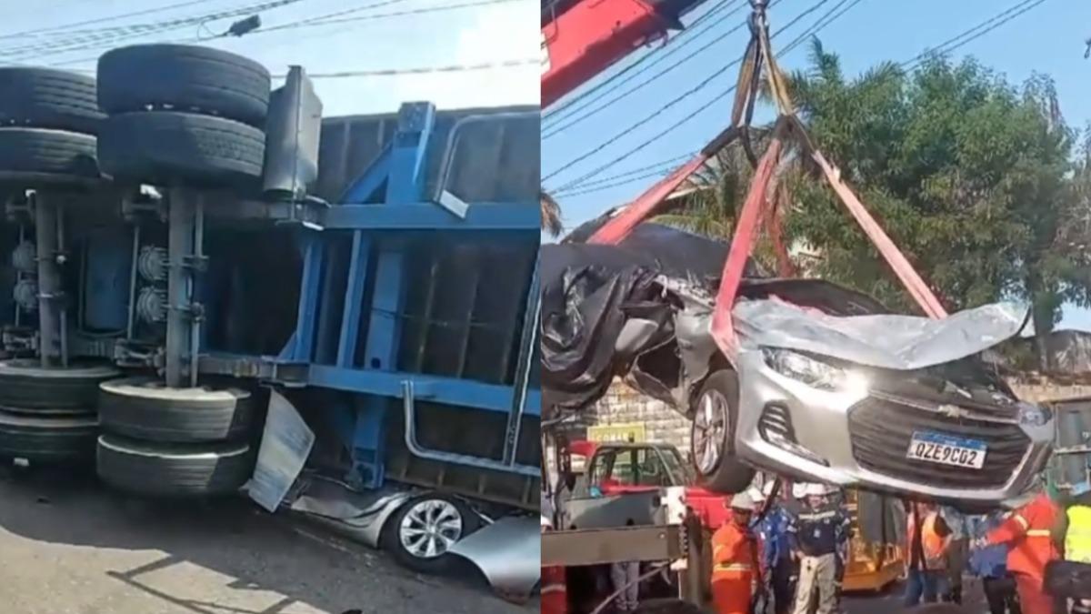 巨型貨櫃車超速翻覆 小客車司機「連人帶車壓扁」慘死