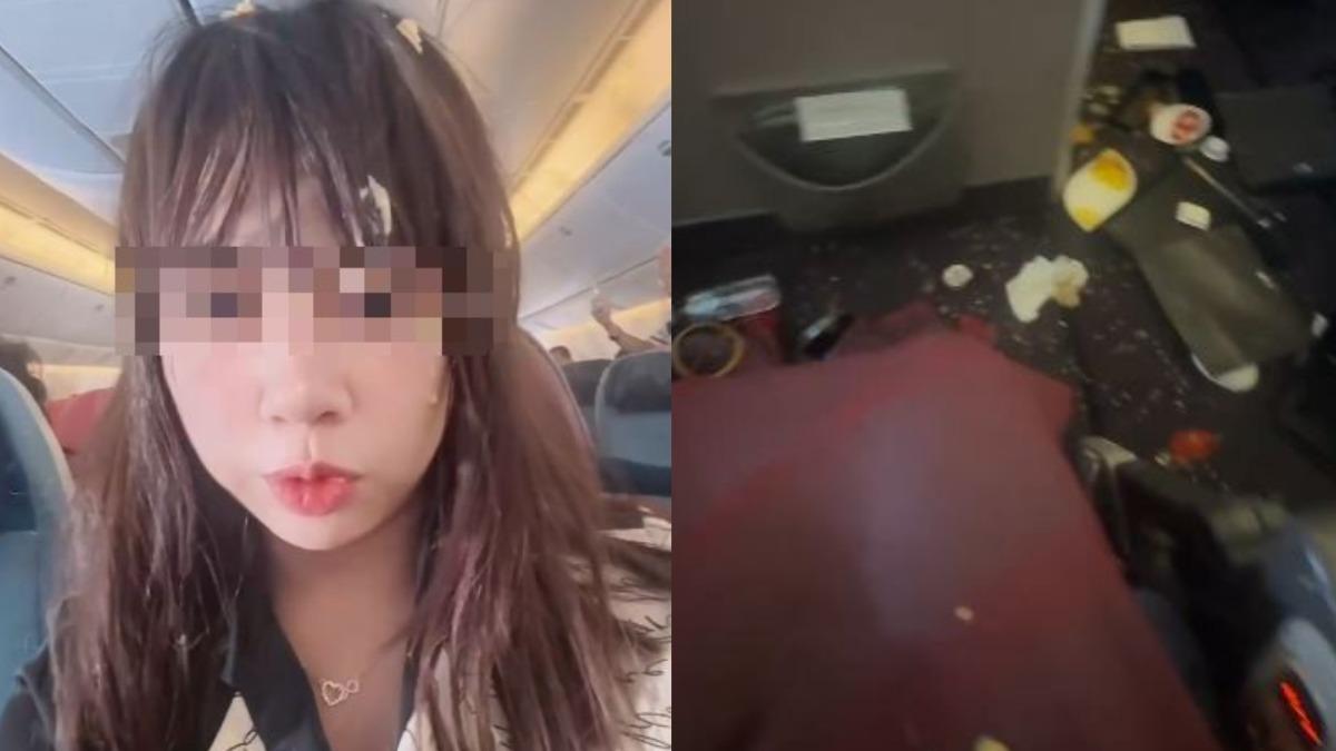 亂流發生後餐點四濺,甚至灑到女乘客的頭上。(圖/女乘客柯莉絲汀提供)
