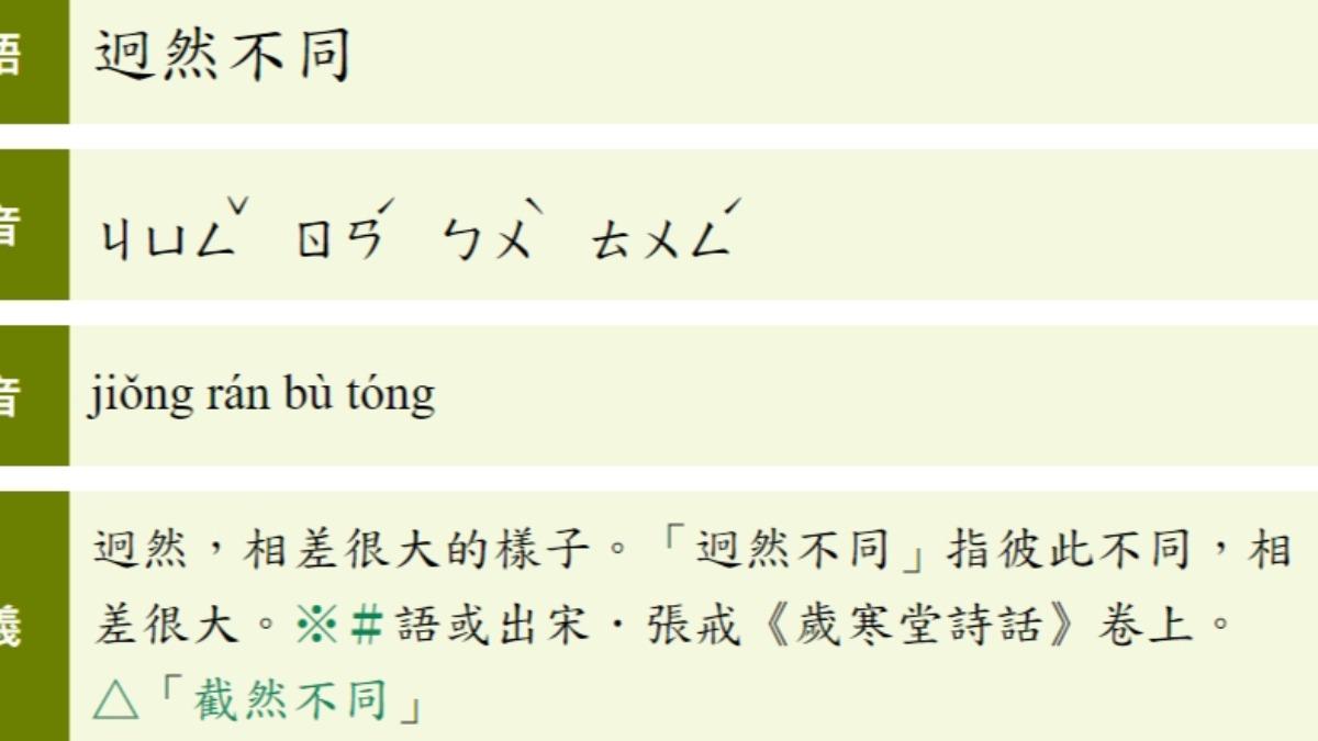 迥然不同的釋義。（圖／翻攝自教育部成語典網站）