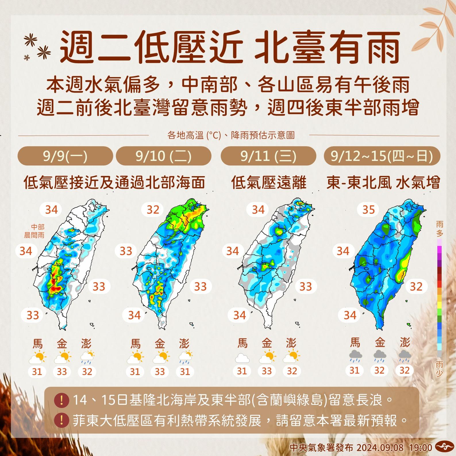 本週水氣偏多,中南部易有午後降雨。(圖/中央氣象署)