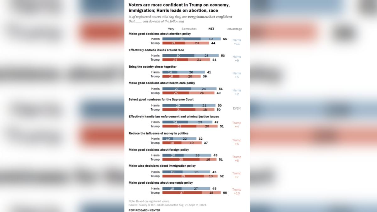 川普與賀錦麗在各項議題受選民青睞度。(圖/翻攝自Pew Research Center)