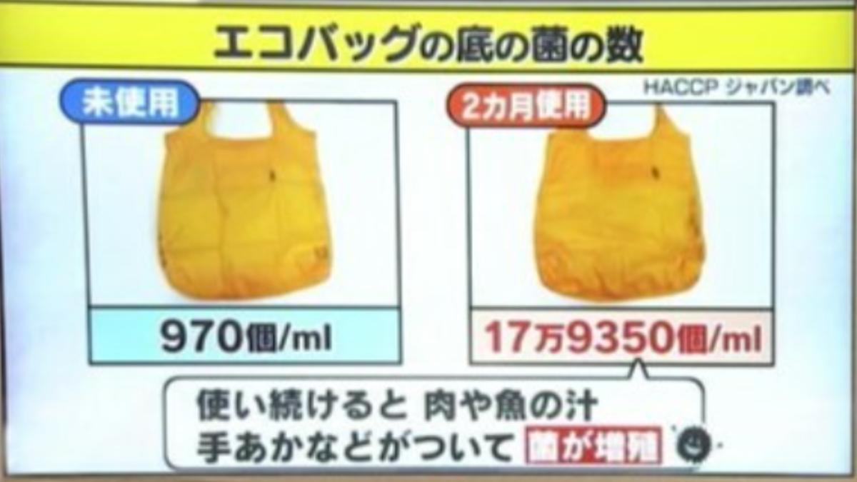 環保袋2個月沒洗,日媒曝細菌暴增180倍。(圖/翻攝自愛知電視台)