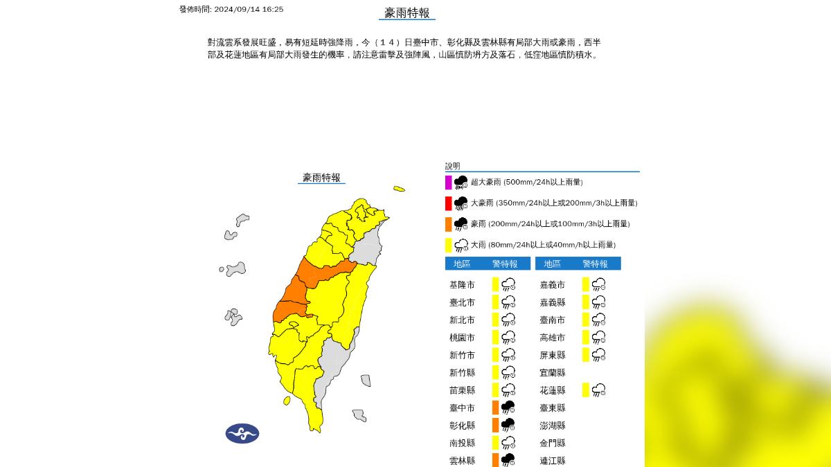 臺中市、彰化縣、雲林縣升級豪雨等級。(圖/翻攝自氣象署)