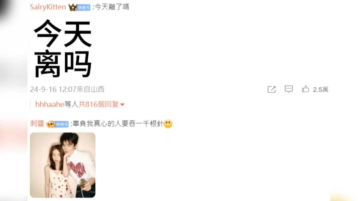 吳謹言與洪堯的婚姻不被看好,連美照下面都是勸離婚的留言。(圖/翻攝自微博)
