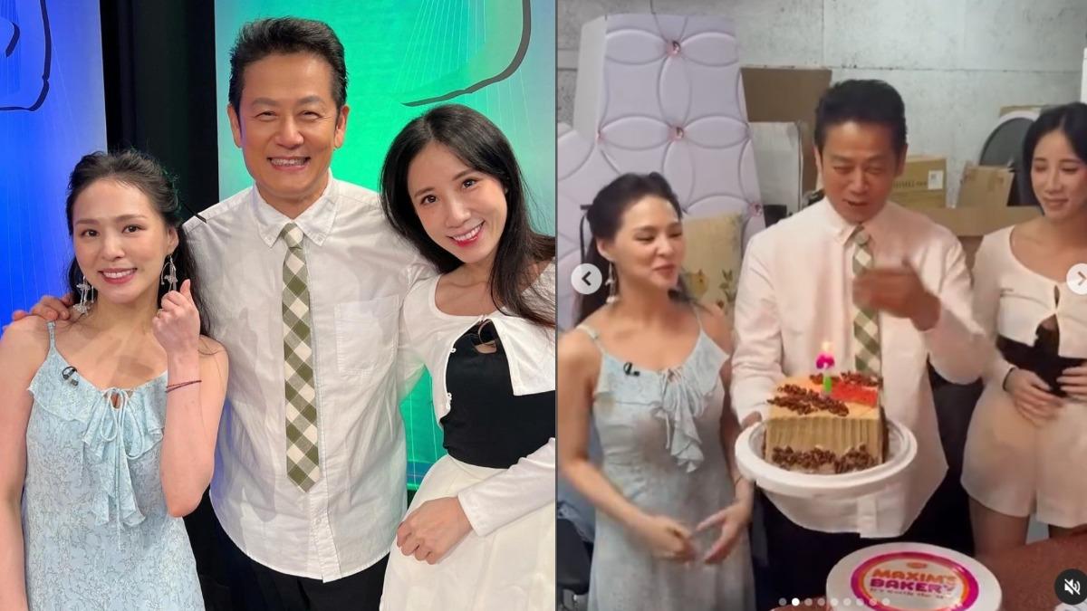 熊熊(左)和瑤瑤錄節目時,替徐乃麟慶生。(圖/翻攝自熊熊IG)