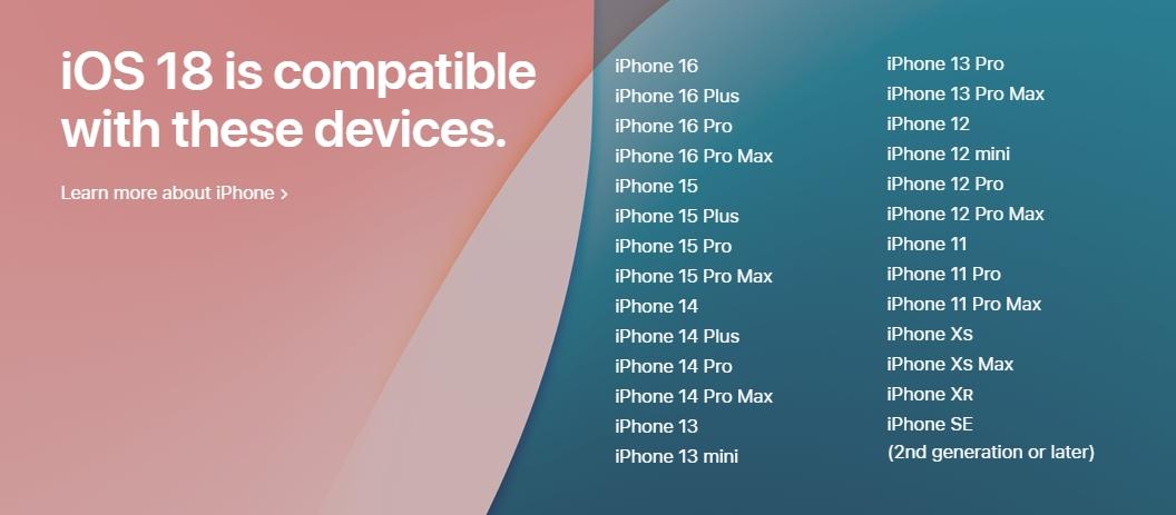 iPhone XR、iPhone SE（第2代、第3代）、iPhone XS以後的機型皆可升級iOS 18。（圖／翻攝自蘋果官網）