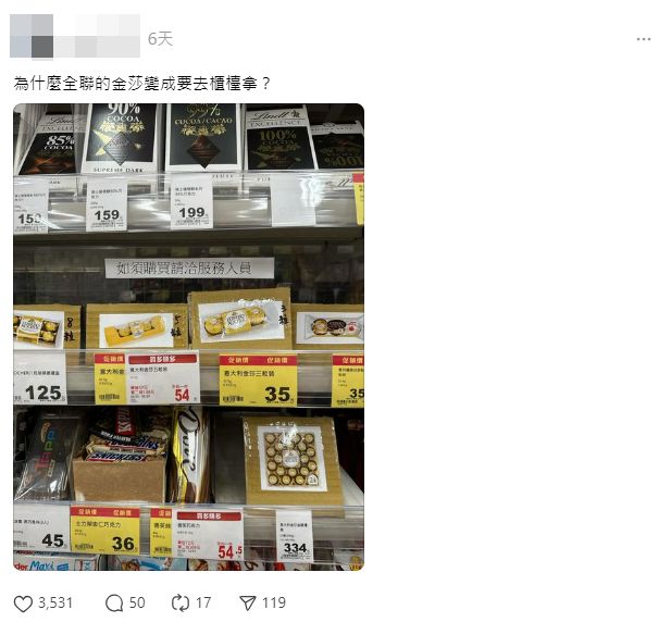 網友相當困惑，不曉得為何全聯的金莎巧克力變成示意圖，貼文曝光後有許多人回應。（圖／翻攝Threads）