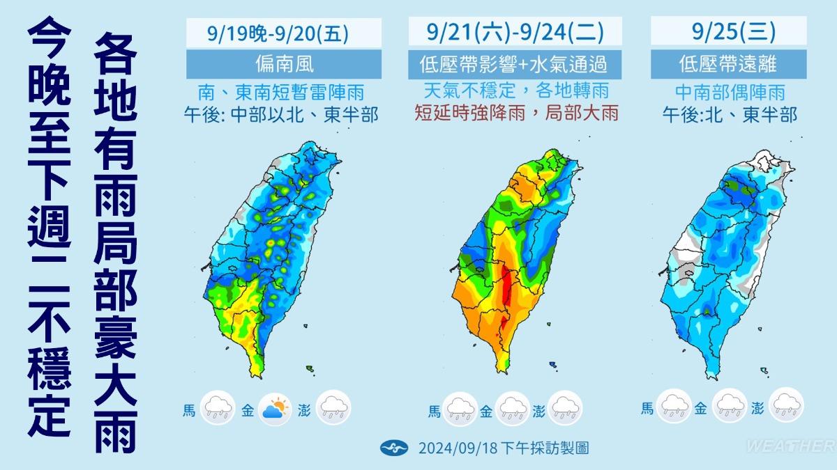 明起天氣不穩定,連5日全台有雨。(圖/氣象署)