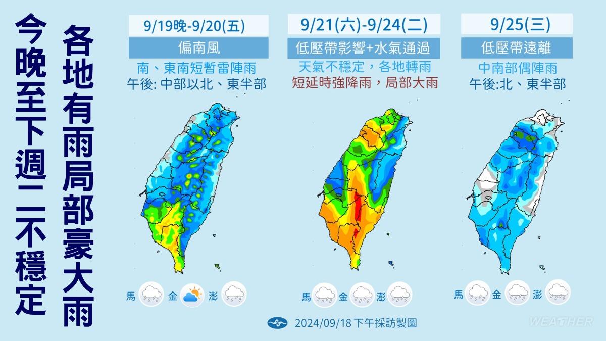 今晚（19日）至下週二全台各地有雨。（圖／TVBS）