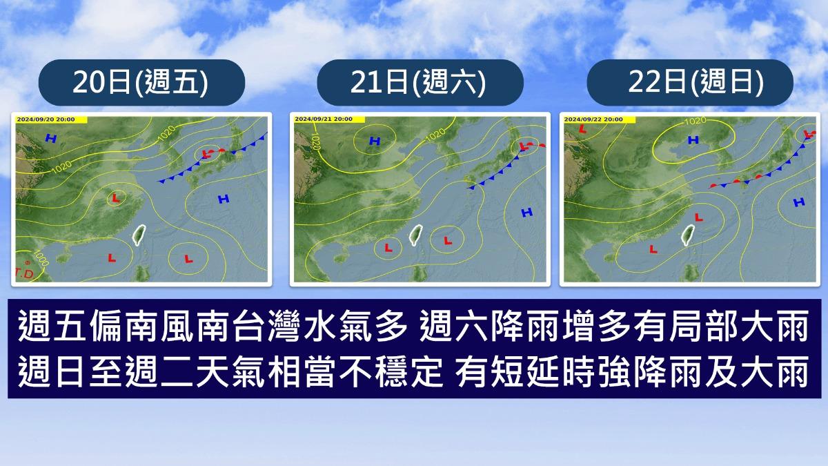 20日起南台灣水氣偏多，週末各地都有雨勢。（圖／TVBS）