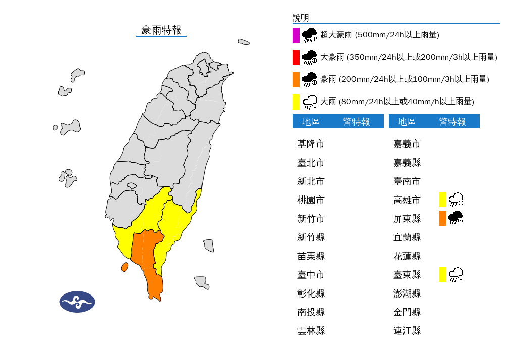 高雄、屏東、台東今日豪大雨特報。（圖／氣象署）