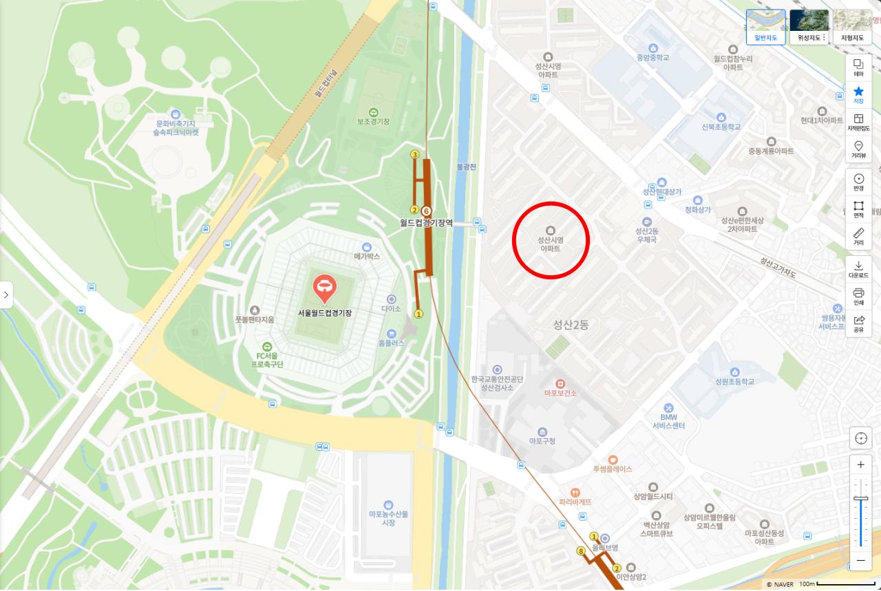 城山市營公寓(紅圈)距離首爾世界盃體育場僅約200公尺。(圖/翻攝自韓網)