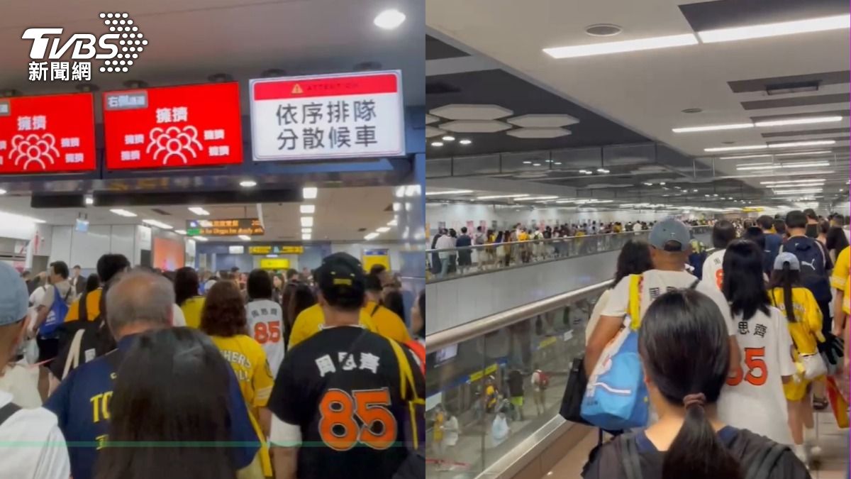 捷運站內再度形成另類「黃橘海」。(圖/林冠丞攝)
