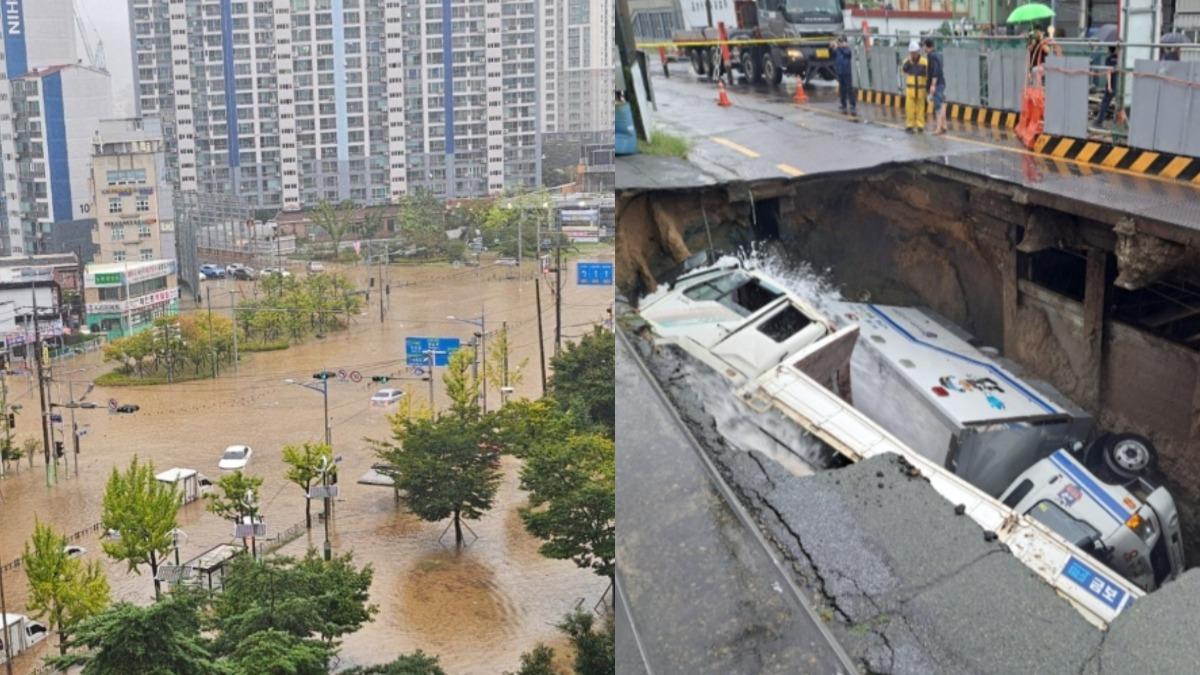 南韓破紀錄暴雨1500人避難 老翁遭急流沖走、天坑吞噬2車
