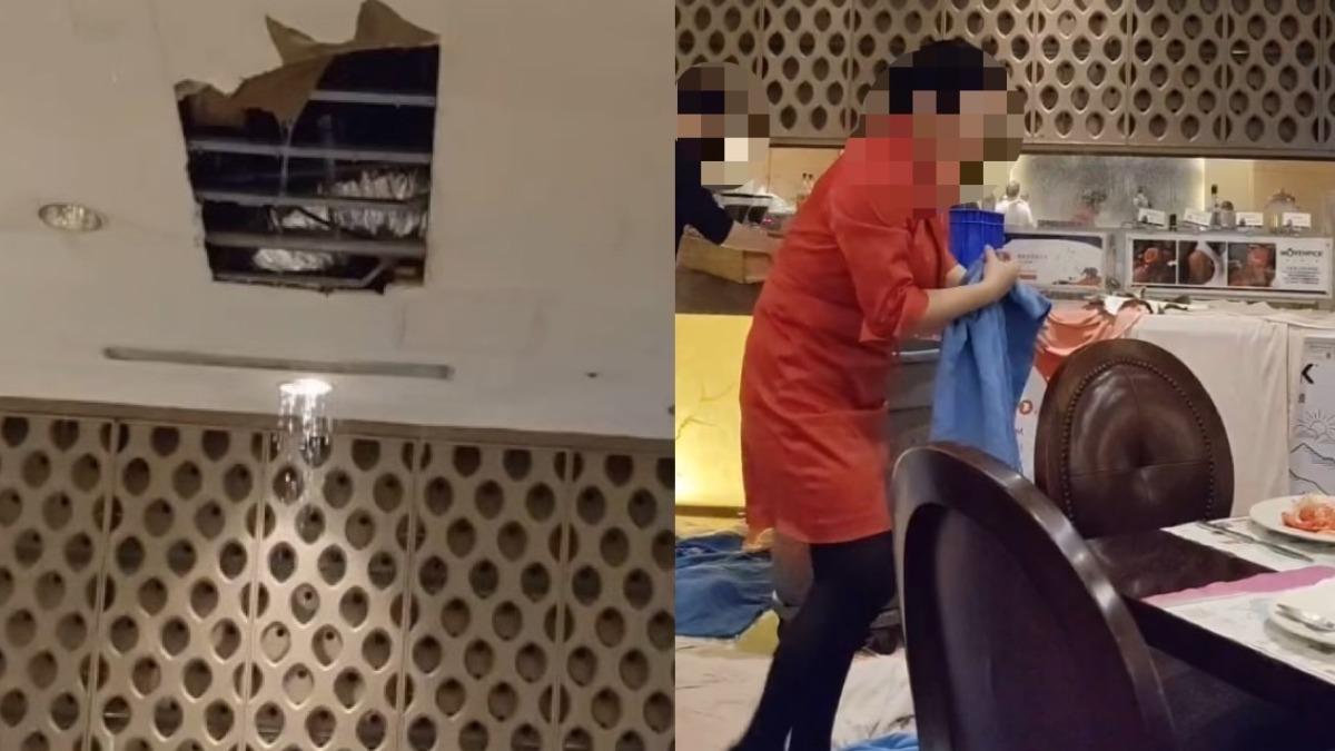 工作人員在底下拿著拖把來回拖動掃水,但雨瀑絲毫沒有減緩之意。(圖/翻攝自Thread)