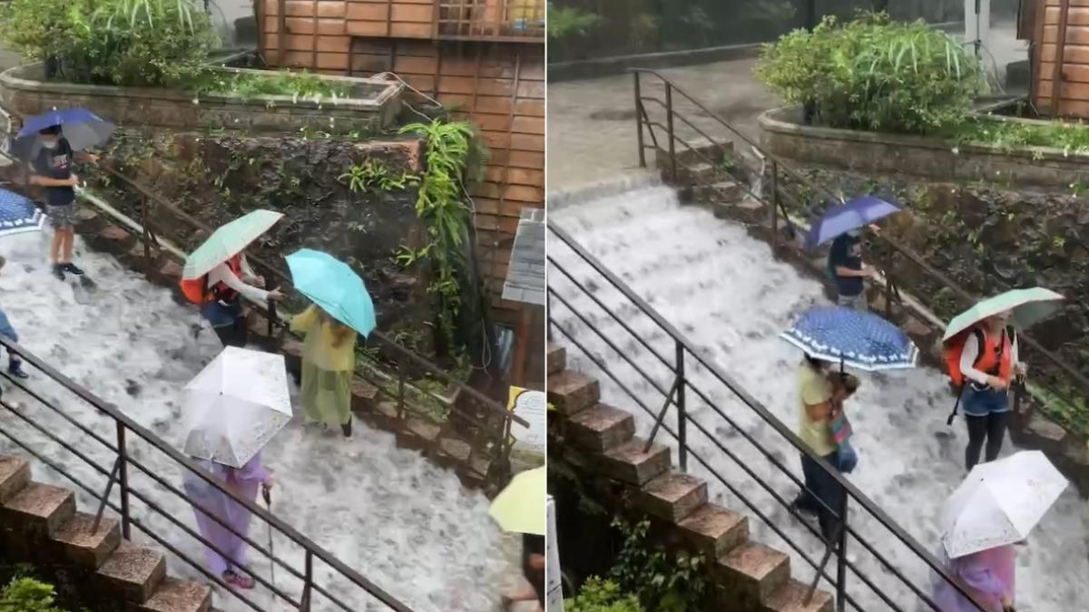 大雨不斷,黃金博物館樓梯成「瀑布」。(圖/翻攝記者爆料網)
