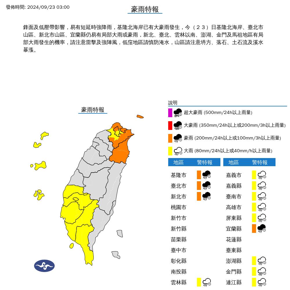 13縣市豪雨特報。(圖/中央氣象署)