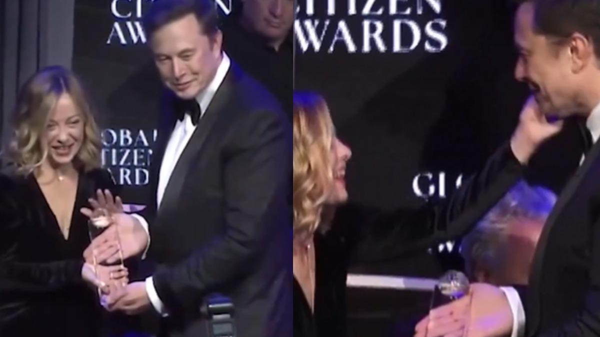 義大利總理梅洛尼（Giorgia Meloni）與馬斯克（Elon Musk）親密互動。（圖／翻攝自 X@BGatesIsaPyscho）