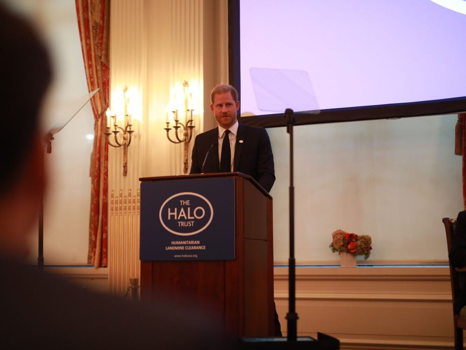 哈利在「光環信託組織」活動發表避雷演說。(翻攝The Halo Trust X)