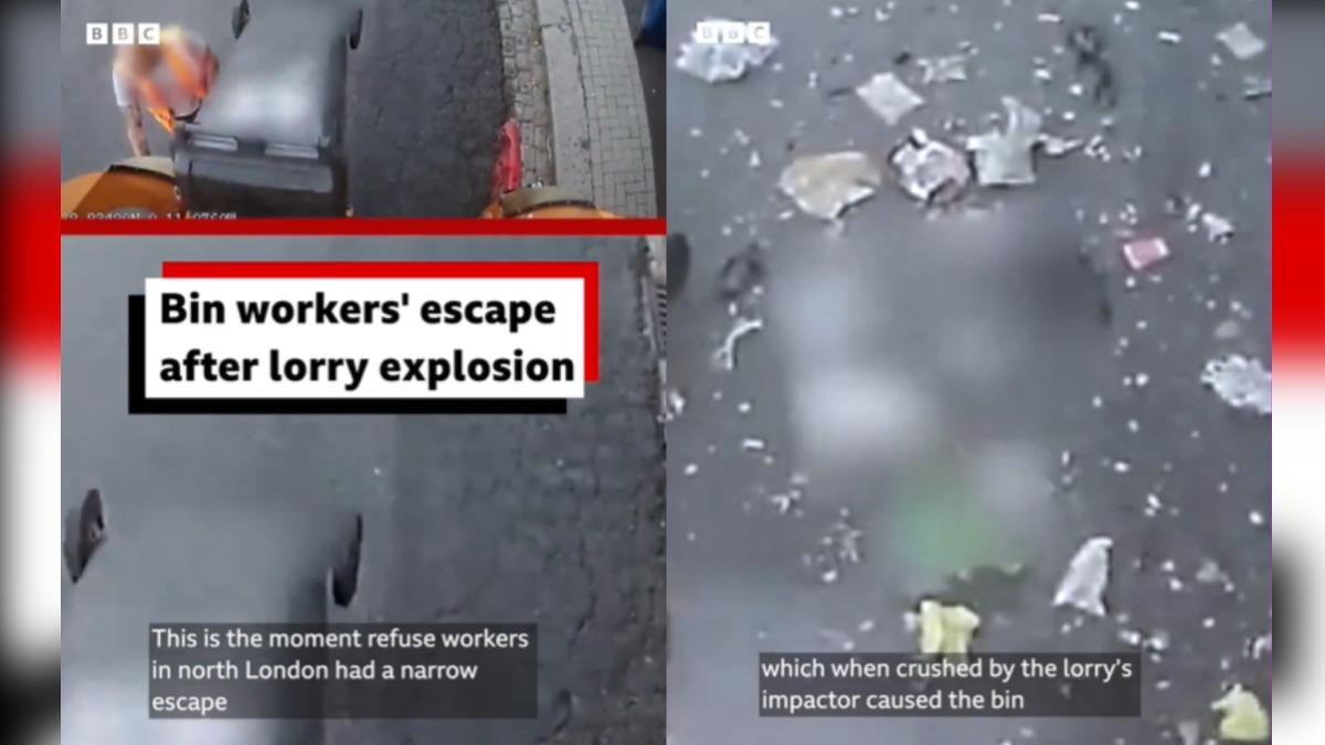 清潔員剛倒完垃圾，垃圾車斗就炸開。（圖／翻攝自 X@BBCLondonNews）