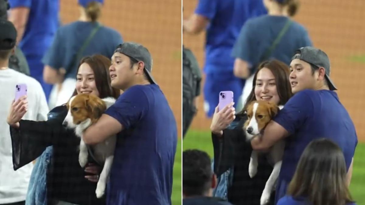 大谷翔平和愛妻田中真美子、愛犬Decoy自拍。(圖/翻攝自X@MLB)